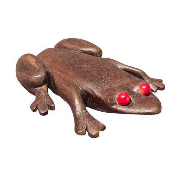 Vintage Hand Carved Mahogany Wooden Red Eyed Frog Toad Figurine - Picture 9 of 9